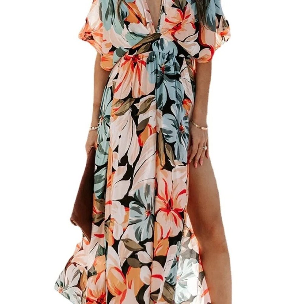 2/$50 NEW XL Summer Floral V-Neck High-Waisted A-Line Maxi Dress Beach Multicolo - Picture 10 of 16